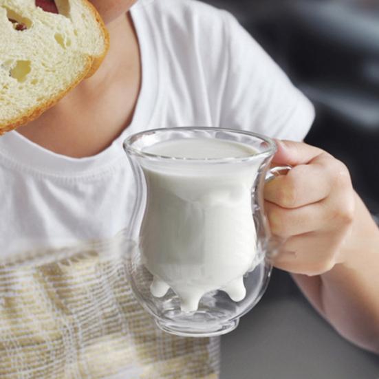 Clean Products Cute Cow Cană de sticlă cu două straturi, Suc de Lapte, Cafea, 250 ml Cană de smântână cu mâner