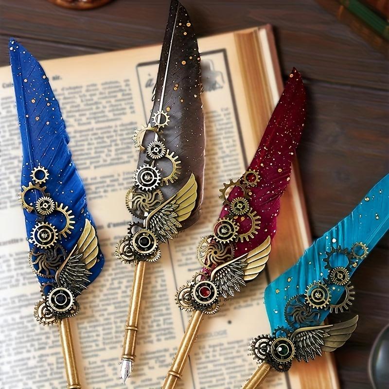 Ambidextrous Mechanical Calligraphy Pen with 5 Personalized Metal Tips, Medium Point, Round Body, Decorative European Retro Feather Quill for Beginner