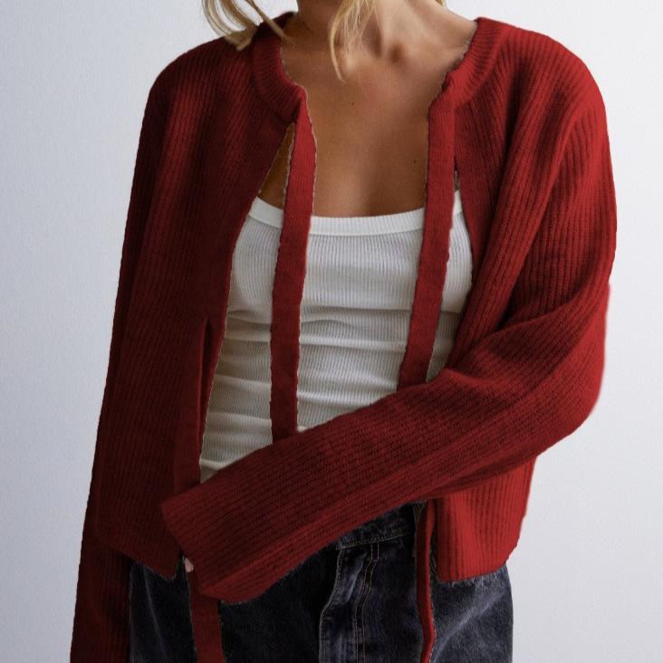 2026 Autumn/Winter Women's Solid Color Loose Knit Cardigan with Tie-up - European and American Style
