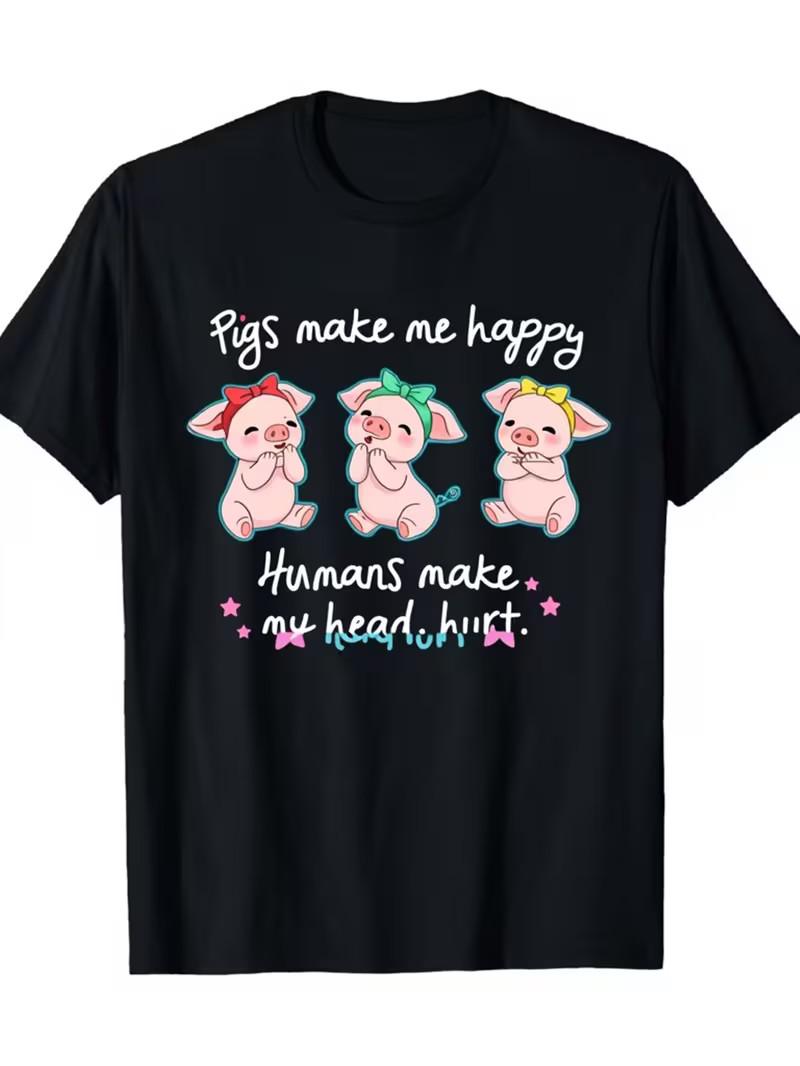 Women s Funny Pig Print T-Shirt - Cute Pink Pig & Graphic with Make Me Happy L
