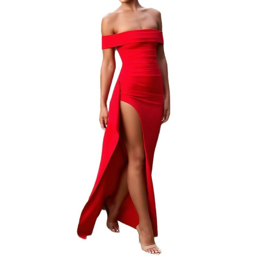 European and American Summer Solid Color Temperament Dress Tube Top One-word Collar Halter Split Fork Long Dress
