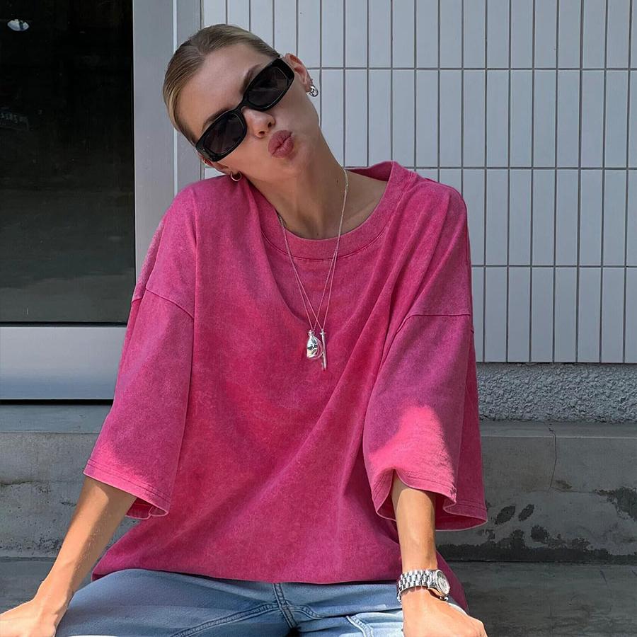 Women Men 100% Cotton Retro T-shirt Men Women Vintage Short-sleeve Wax Printing T Shirts Solid Color Hip Hop Loose Tees