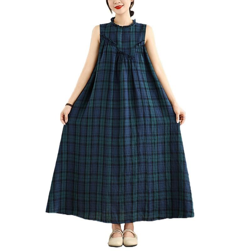 Real Shot Summer New Cotton and Linen Large Size Plaid Vest Skirt Chest Splicing Fungus Edge Sleeveless Dress