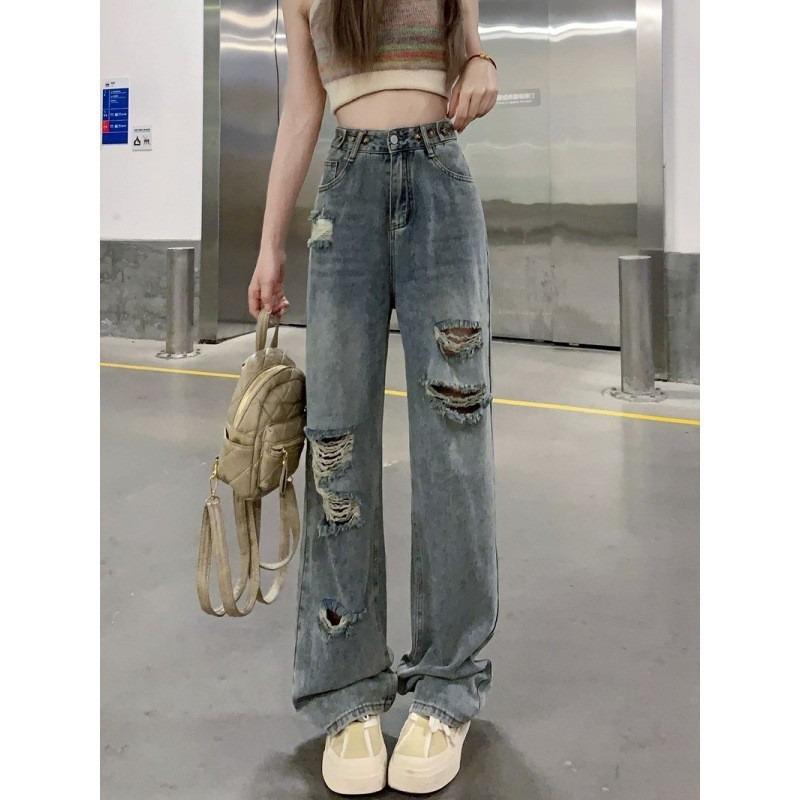 Retro ripped jeans women's summer high waist loose and thin straight wide leg floor pants long pants