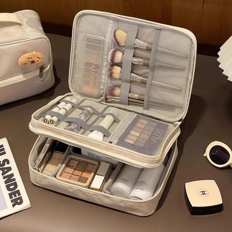 Large Capacity Cute Women's Makeup Bag - Portable Travel Cosmetic Organizer with Brush Partition