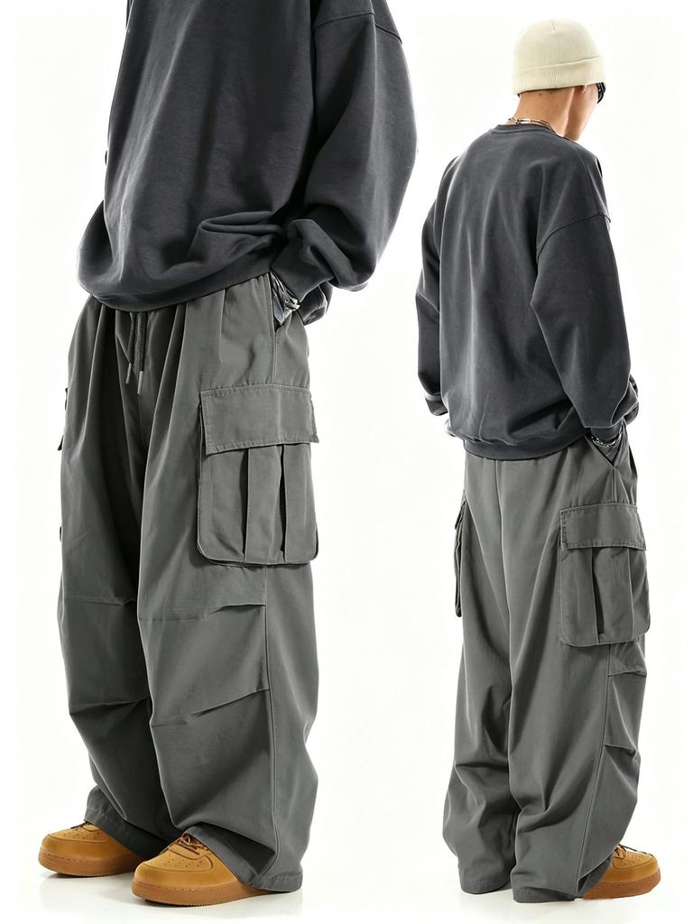 Summer men's high street style loose and versatile straight multi-pocket casual trousers thin overalls