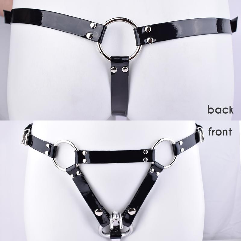 FRRK PU pásový postroj pro hráče BDSM Metal Chastity Cage v různých velikostech Sexy dospělí Intimní produkty Sexuální hračky Bondage