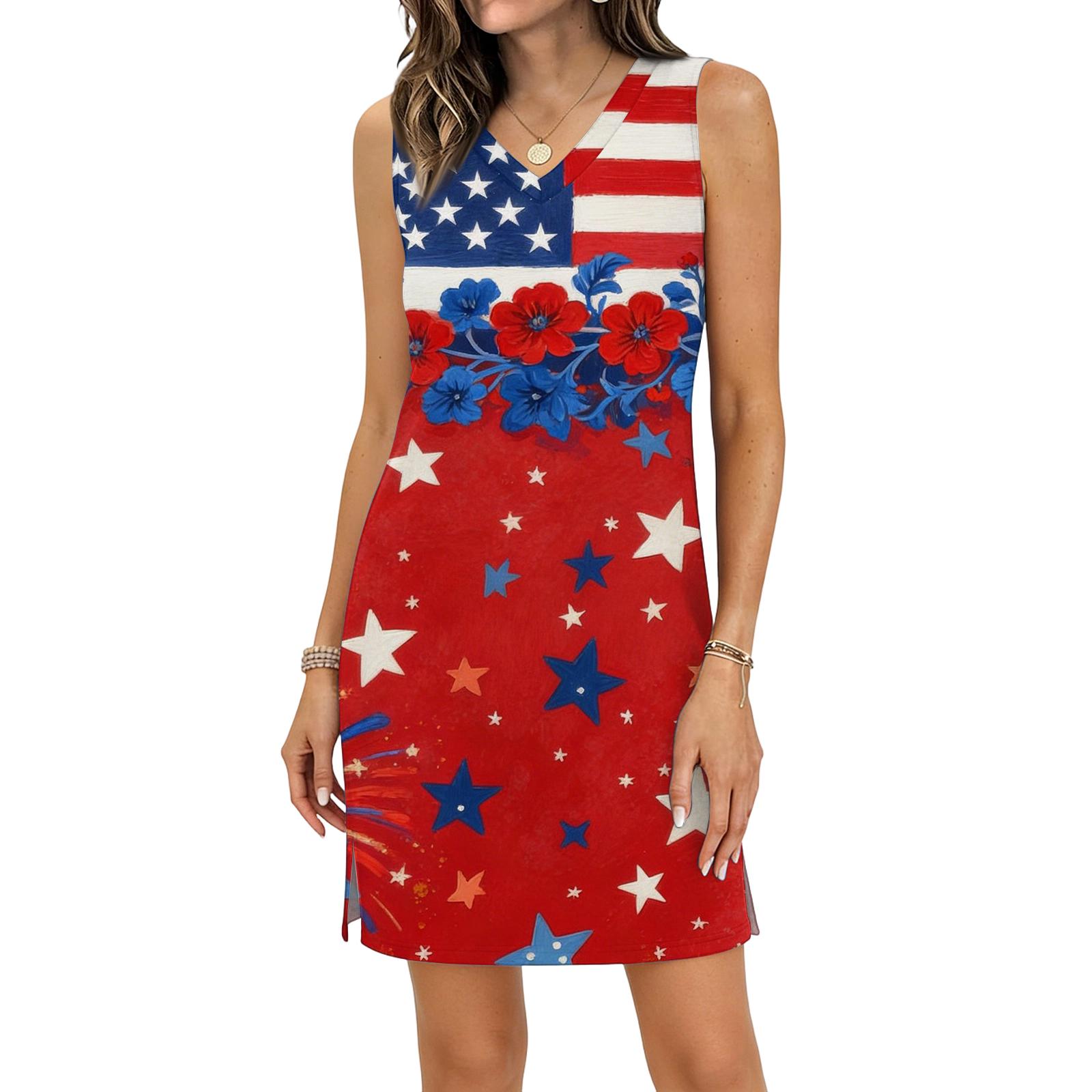 Women’s Casual V-Neck Sleeveless Split Hem Independence Day Printed Dress S красный