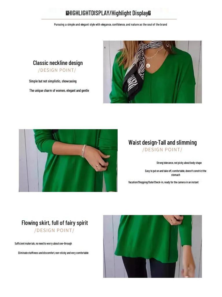 Women's Long Sleeve V-Neck Knitwear: European & American Style Loose Fit Solid Pullover Top
