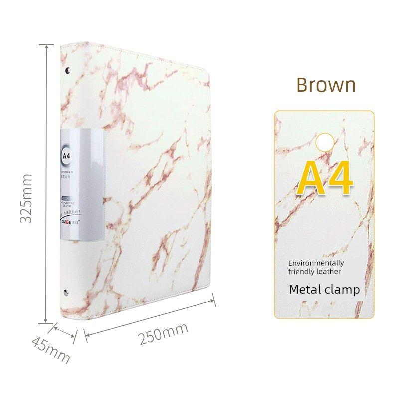 

A4 Leather Cover Folder Insert Bags 100 Pages Info Booklet Office Storage Clip Transparent Punch Loose-Leaf Binder File Binder Marble Color (Without Inner Pages) Brown