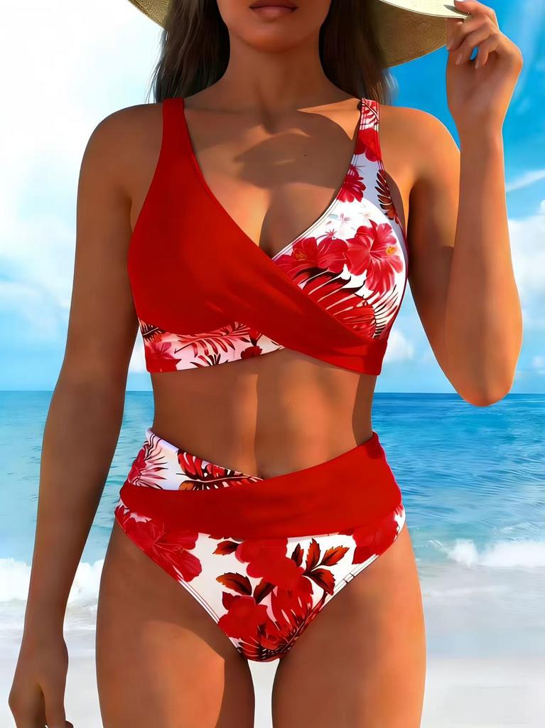 New Tropical Flower Plant Print Sexy Bikini Suit Vacation Casual Swimsuit Women