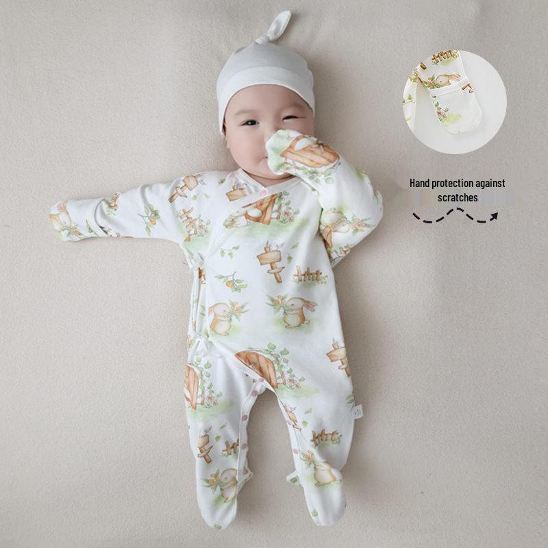 Pure Cotton Baby Bodysuit with Hand and Foot Covers, All-Season Newborn Romper, Baby Monk Outfit