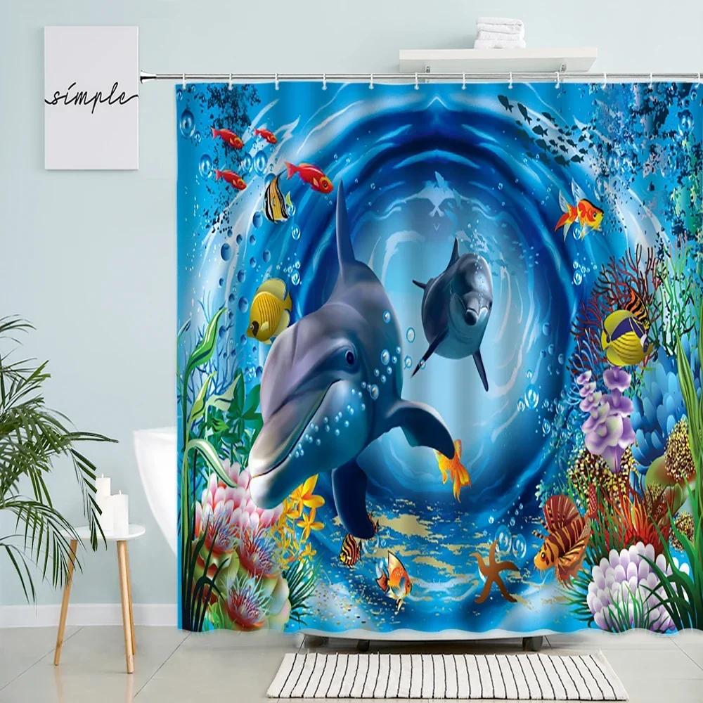 Funny Dolphin Shower Curtains Sunset Ocean Animals Tropical Fish Coral Children Bathroom Decor Polyester Bath Curtain with Hooks