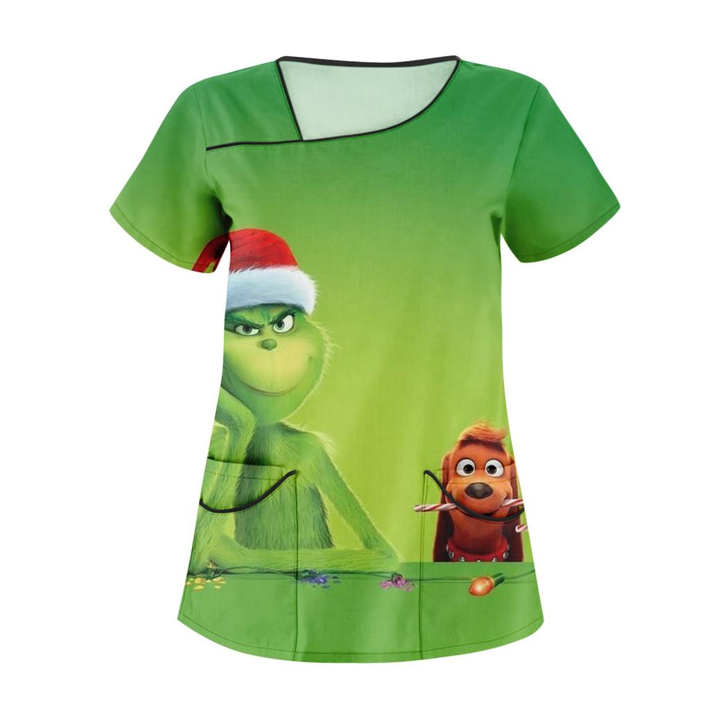 Women's Fashion Christmas Print Uniform Overalls Slanted Collar Double Pocket T-Shirt Short Sleeve Top