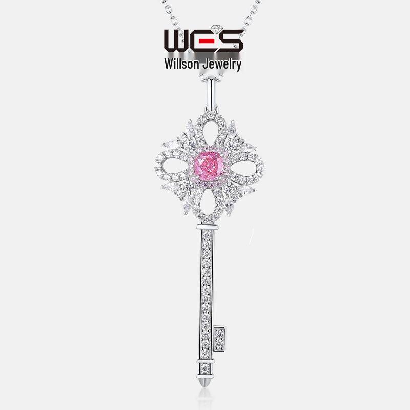

S925 Silver Necklace with High Carbon Diamond Key Pendant - European & American Style 925 Silver