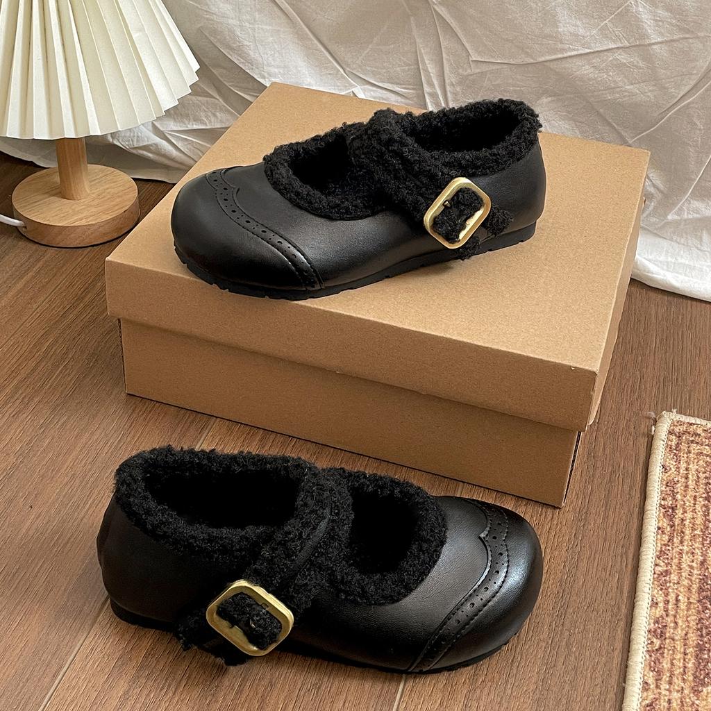 Autumn Winter Vintage Women Fur Lining Mary Jane Shoes Concise Soft Sole Flats Shoes Ladies Comfort Warm Short Plush Snow Shoes