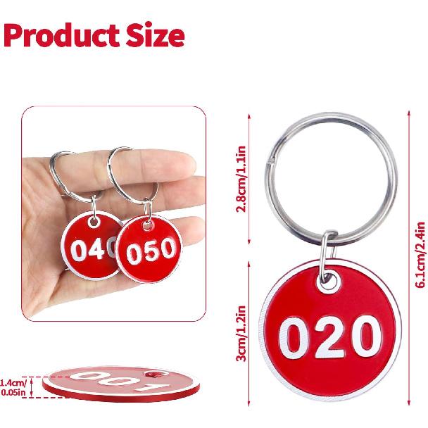 1-100 Numbered Key Tags, Round Metal Tags, Key Chain Labels, Key Tags for Home, Office and Garage, Dorm Keys, House Lockers (Red)