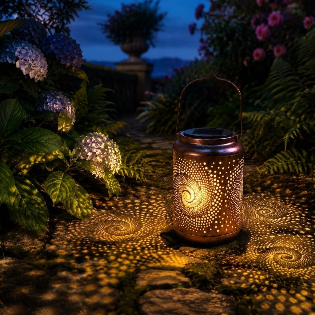 Solar Powered Metal Snail Pattern Lantern Decorative Outdoor Garden Hanging Light with Hollow Design for Patio Yard Pathway