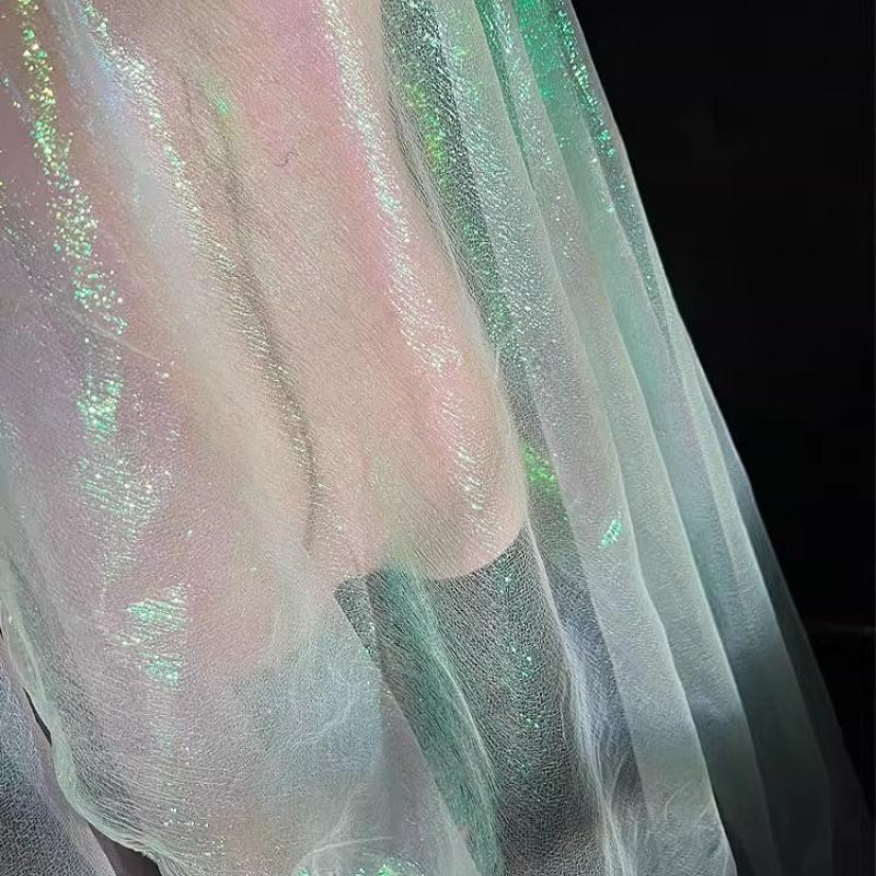100/300/500cm Blue Mermaid Rainbow Elastic Laser Pleats Gradient Illusion Organza Dress DIY Fabric Designer Fabric