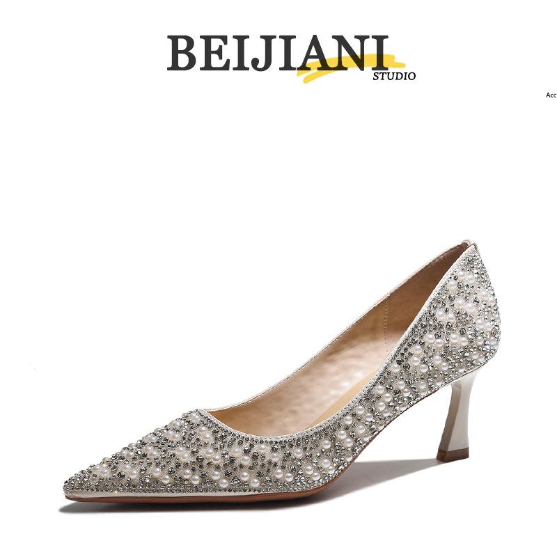 

BEIJIANI 3358-7 Овчина Стразы Жемчуг Высокий каблук Свадебные туфли Xiuhe для невесты 37 абрикосовый