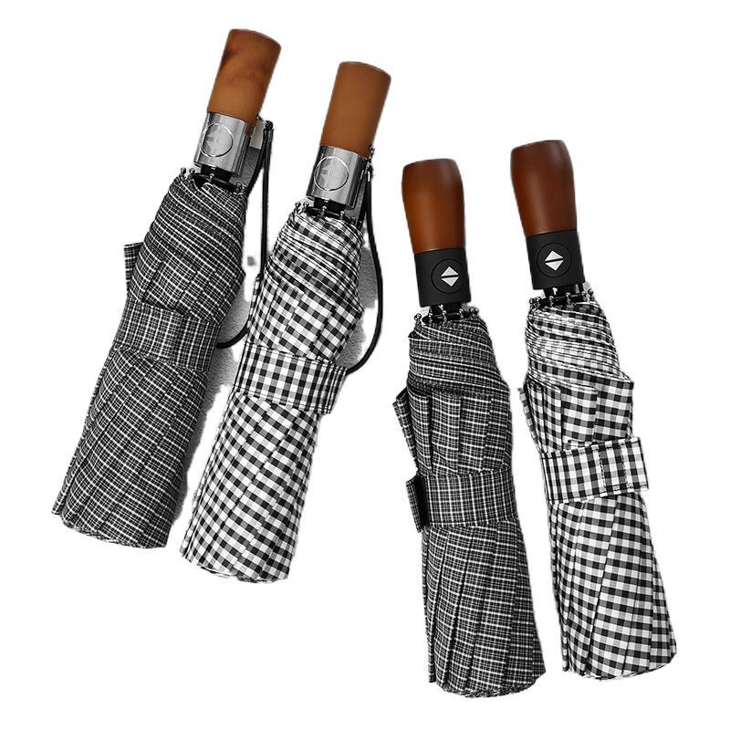 Ten-bone Windproof Umbrella Three-fold Automatic Umbrella Folding Umbrella Men's Business Solid Wood Printed Sun Umbrella Shading