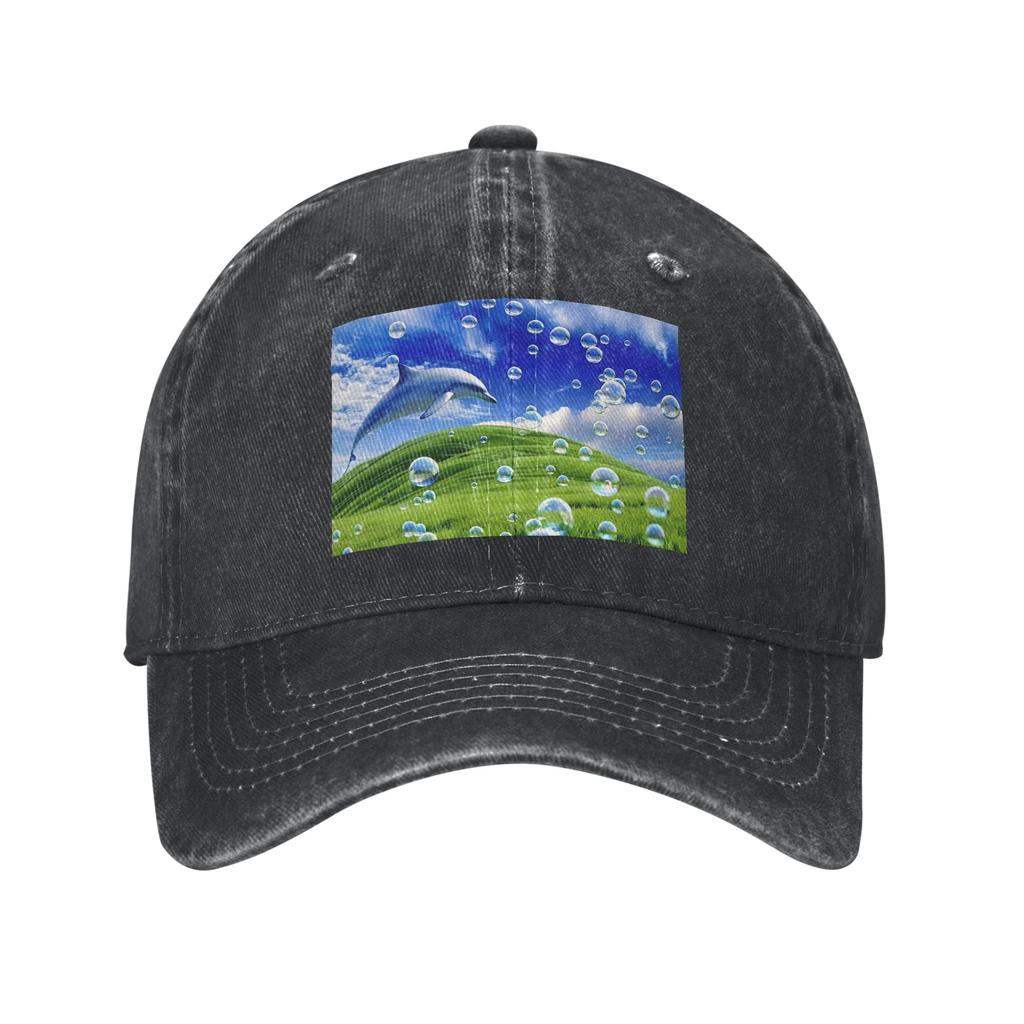 Frutiger Aero Dolphin y2k Aesthetic Meadow with Bubbles and Mountains and Sky Denim Fabric Cap Baseball Caps Hat Baseball Hats