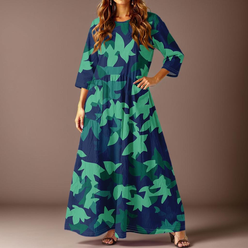 Women's Casual Fashion Floral Print Three-quarter Sleeve Long Dress With Pockets