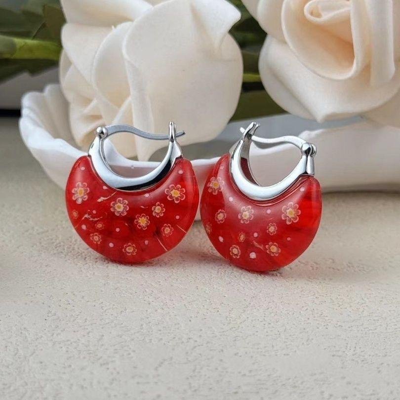 New Murano Basket Glass Hoop Earrings Daisy Stainless Steel Women Birthday Personalized Gift Fashion Jewelry Vibrant Colors