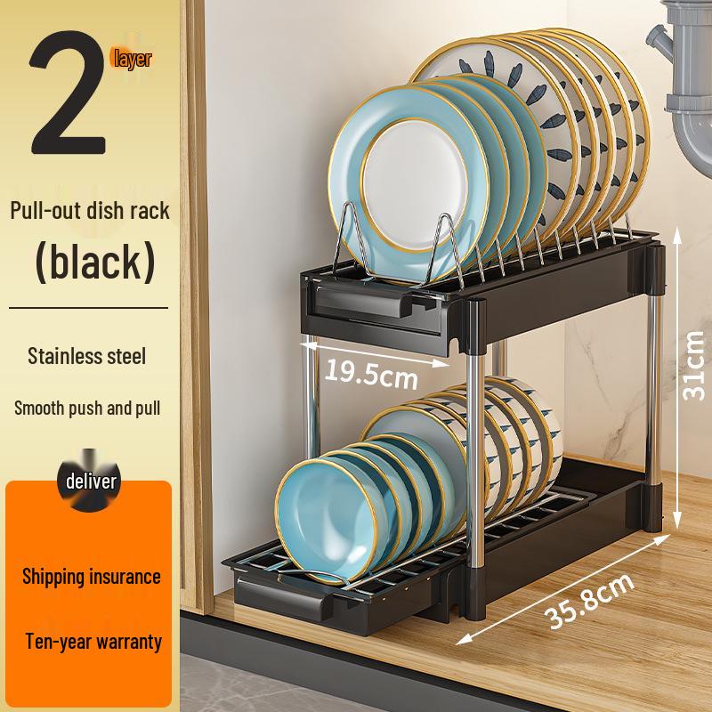 Tiered In-Cabinet Pull-Out Dish Rack for Plates and Bowls