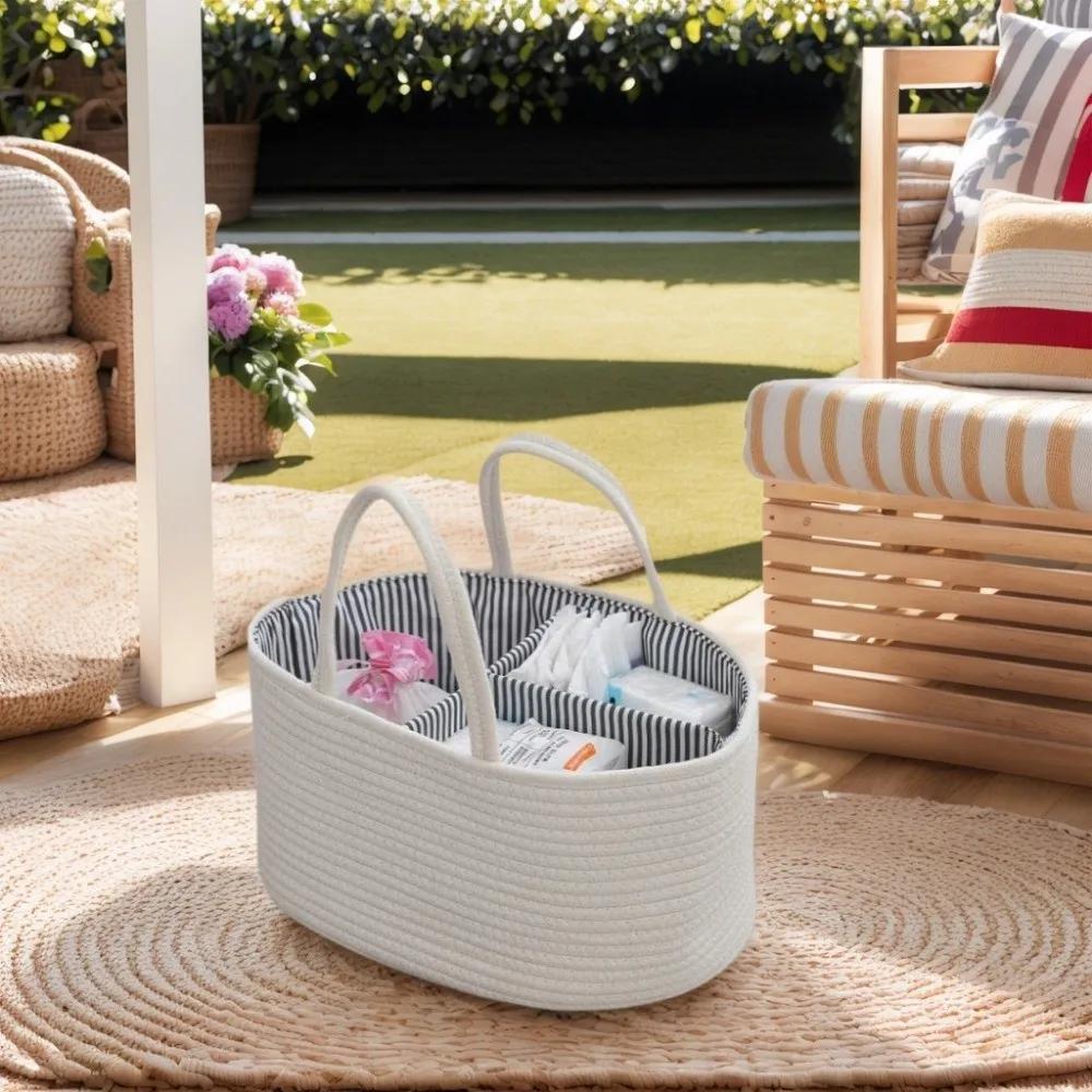 Durable Large Capacity Nappy Organiser Portable Cotton Rope Storage Basket Woven Foldable Diaper Storage Bag for Newborn