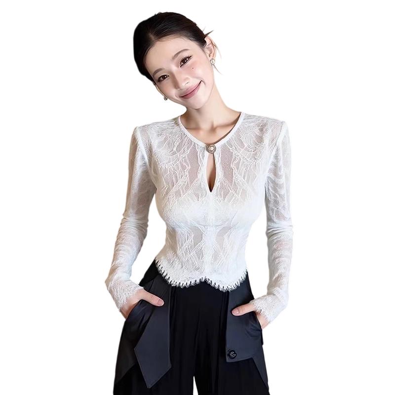 La Chapelle Women s French Lace Slim-Fit Long-Sleeve Top 2XL белый