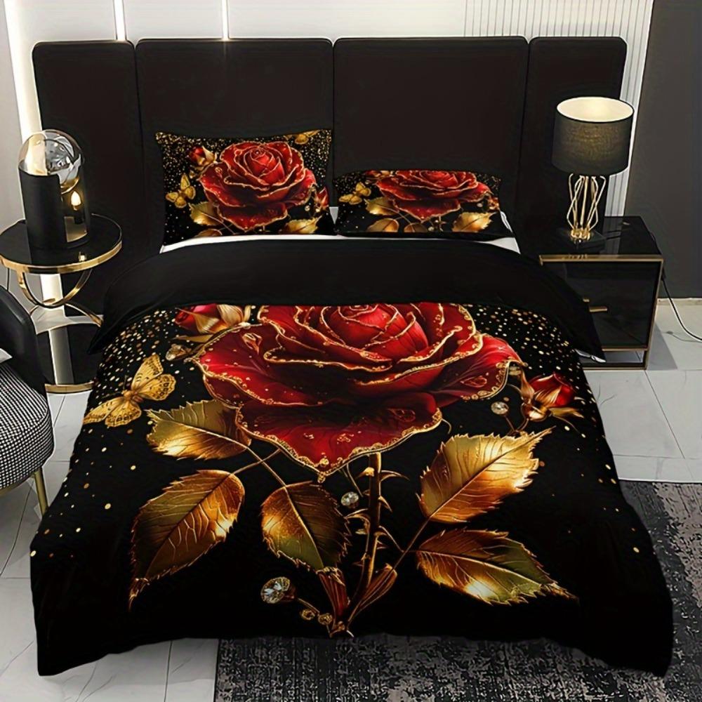 

3Pcs Bedding Set Black Red Golde Rose Print Cozy Duvet Cover Set King Queen Twin Single Size Birthday Gift Adult Bedroom Decor EU Single 135x200cm