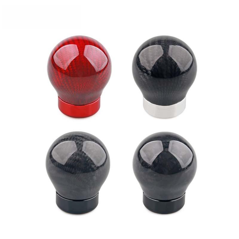 Universal Carbon Fiber Gear Shift Knob - Round, Personalized Shift Lever Head Black Carbon Pattern + Silver Ring