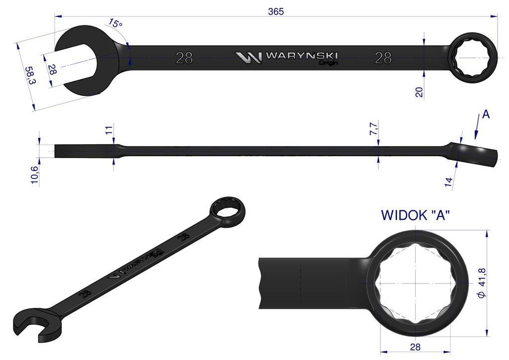 Open-end wrench, 28 CrV standard ASME B107-2010, Waryński