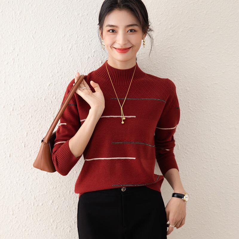 TUHUANG Women's Pure Wool Semi-High Collar Contrast Sweater