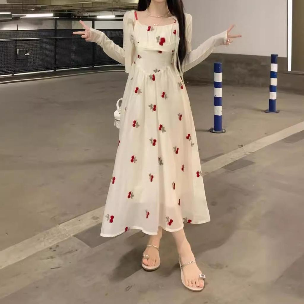 Women's Summer Sundress: French-Inspired Sweet Fairy Style with Fresh Forest Suspender Design. Perfect for a Gentle, Holiday Tea Break Look.