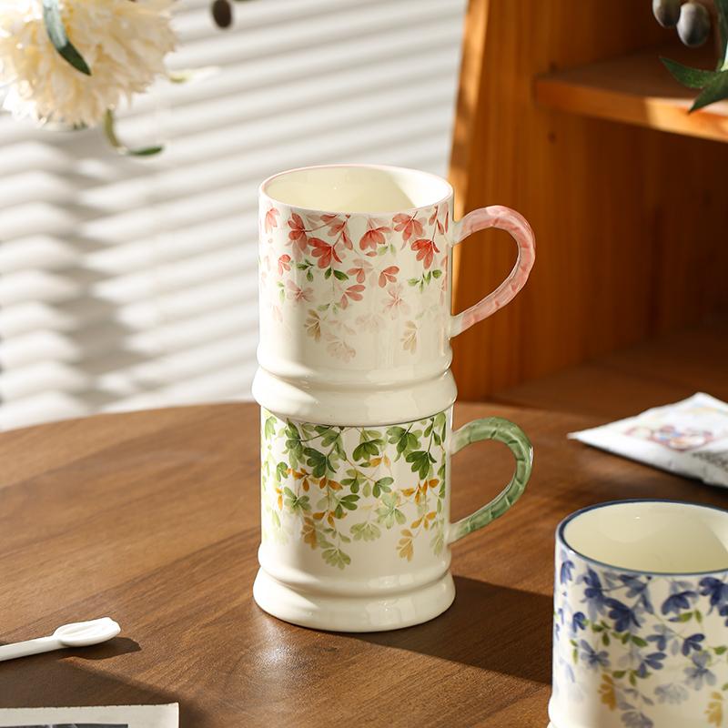 Four Seasons Flowers High Color Value Ceramic Mug Ceramic Household Coffee Mug Couple Cup Drinking Cup 2025 New Household