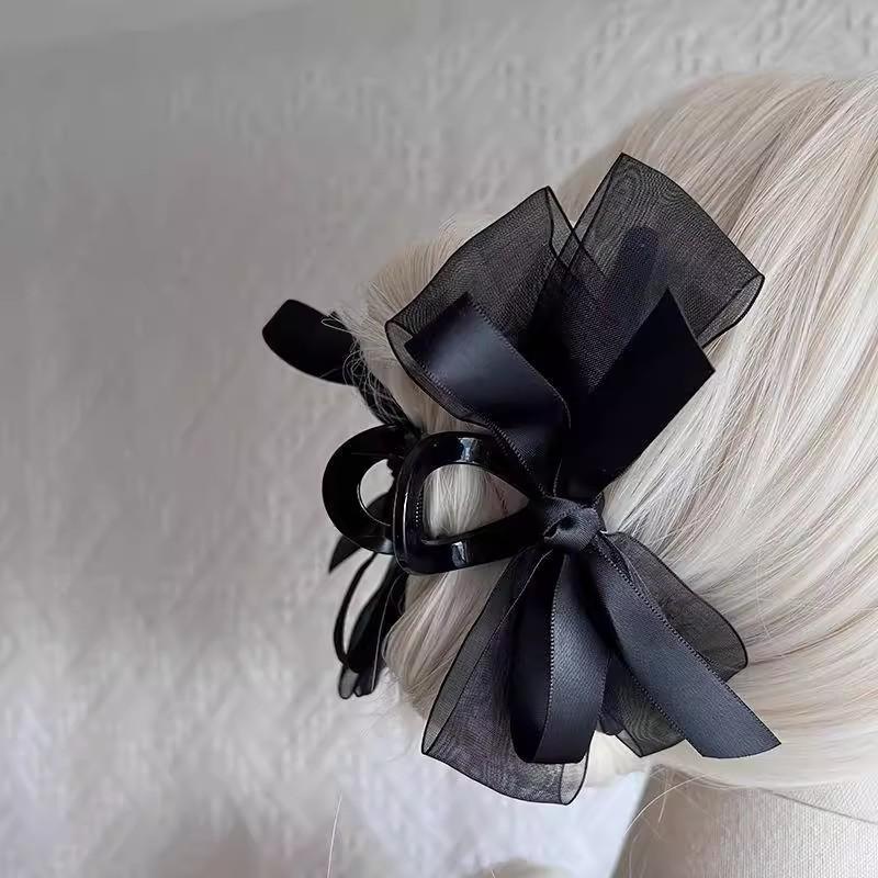 1pc Ultra-fantasy Black Mesh Bow Hair Clip, for Back of Head, for Thick Hair, Elegant Shark Clip