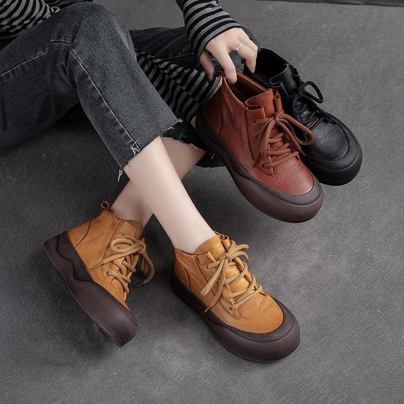 Johnature Round Toe Lace Up Women Thick Soles Short Boots Casual Simple Versatile Flat Platform Shoes