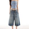 Fashion Summer Vintage Whisker Unisex Streetwear Wide Leg Loose Straight Denim Cropped Capri Pants Trendy Versatile Slimming Couple Outfit