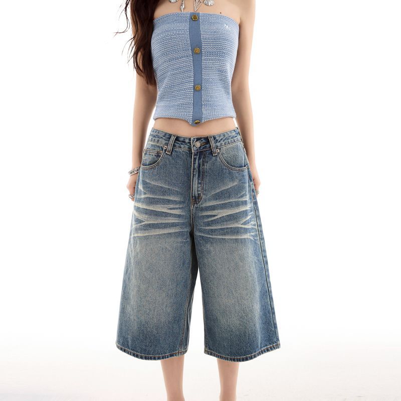 Fashion Summer Vintage Whisker Unisex Streetwear Wide Leg Loose Straight Denim Cropped Capri Pants Trendy Versatile Slimming Couple Outfit