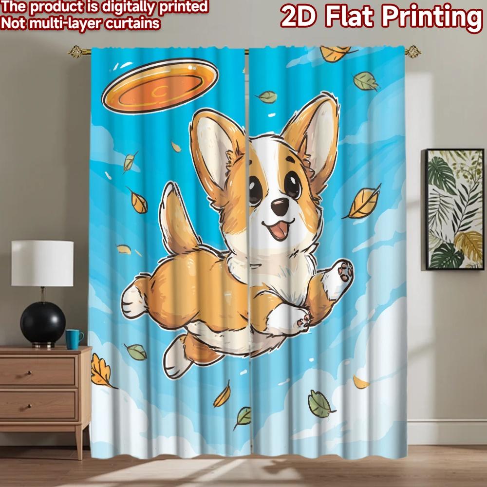 2D flat printing 2pcs Curtains Cute Corgi Flying Frisbee Digital Printed Polyester Drapes Festive Holiday for Home Wall Yard Use