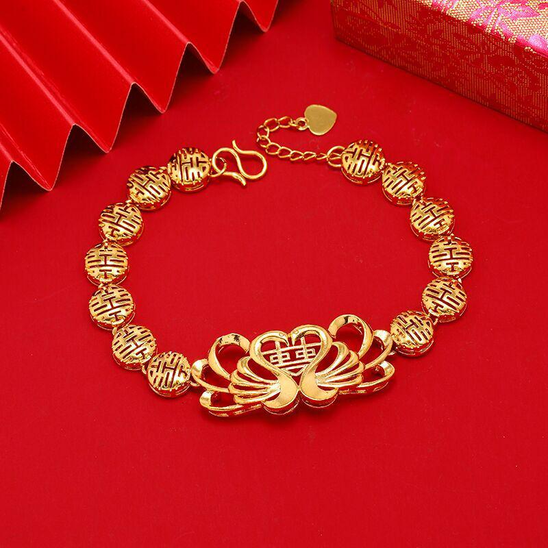 Antique Style Double Happiness Golden Mandarin Duck Women's Gold-Plated Bangle for Weddings