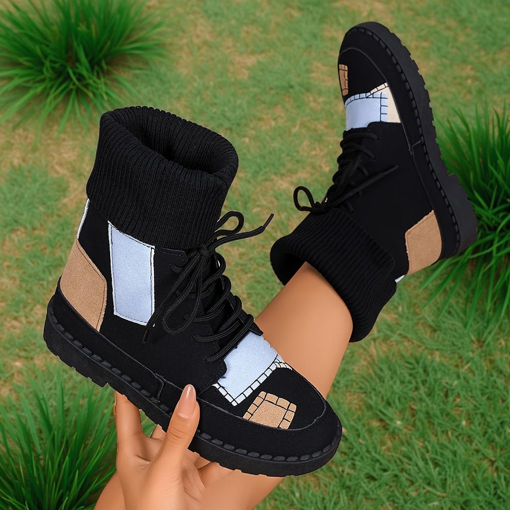 Beige & Blau Karierte Klobige Niedrige Absatz Schnürstiefeletten - Runde Zehenpartie Lässig Winter mit Sohle & Obermaterial aus Stoff