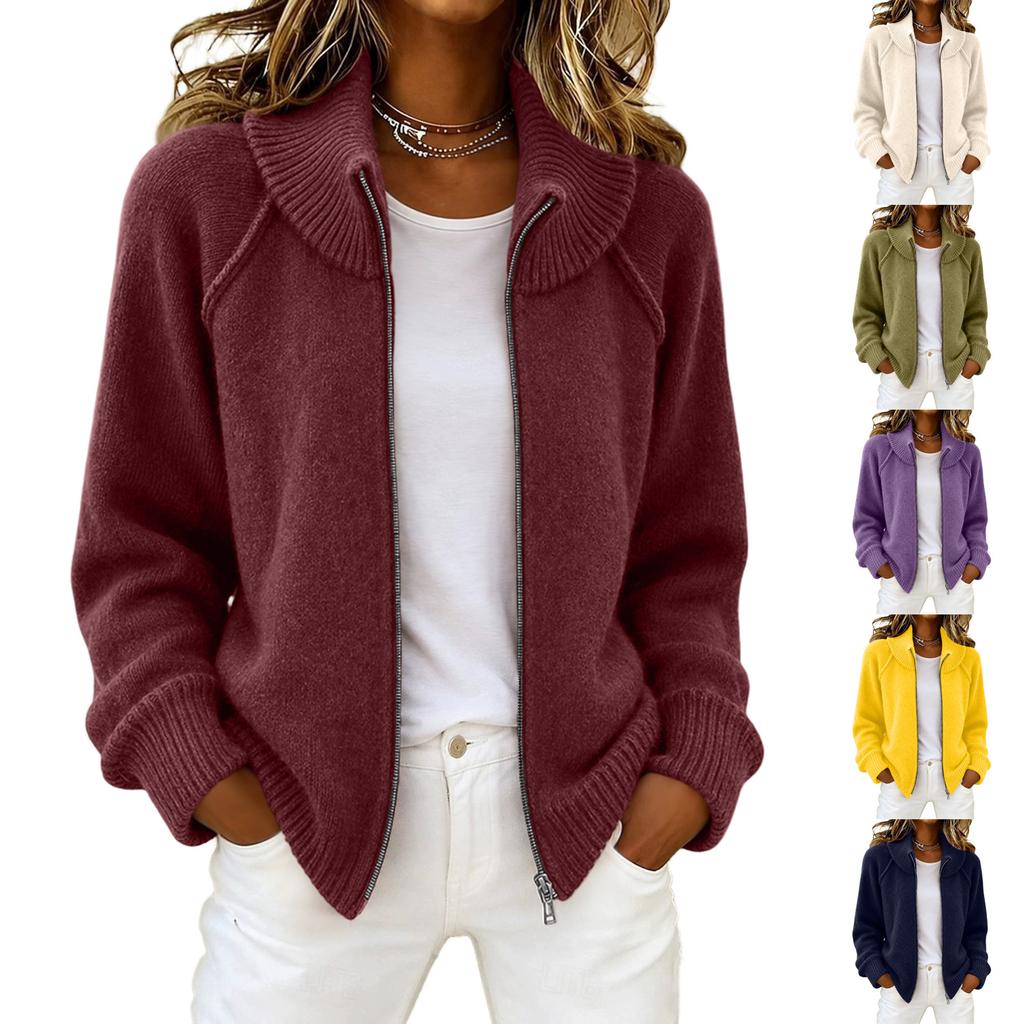 Cardigan lavorato a maglia da donna con zip a colori, vestibilità rilassata e colletto alla coreana, per l'uso quotidiano