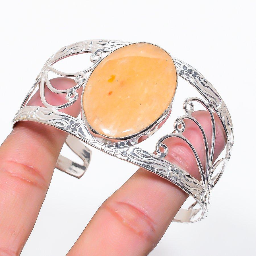 Natural Orange Aventurine Gemstone 925 Sterling Silver Cuff Bangle Adj Z2T79