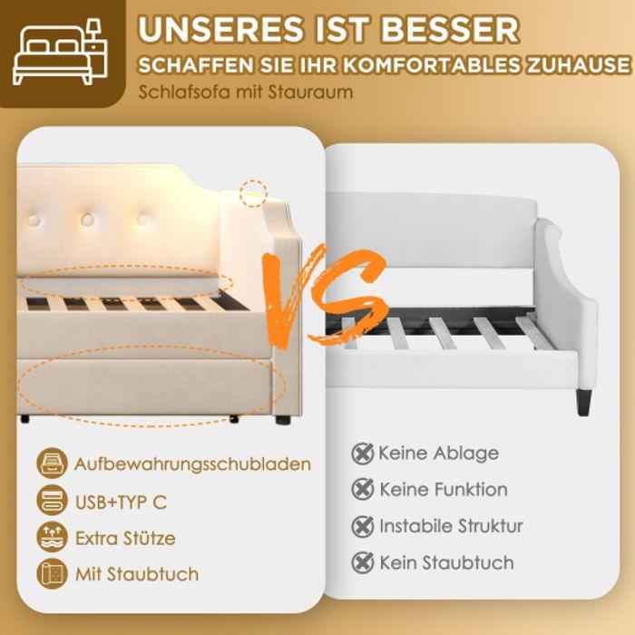 Lit Convertible - MUVOE - 90x200 Cm - Velours Beige - 2 Tiroirs - Liseuse USB-Type-C