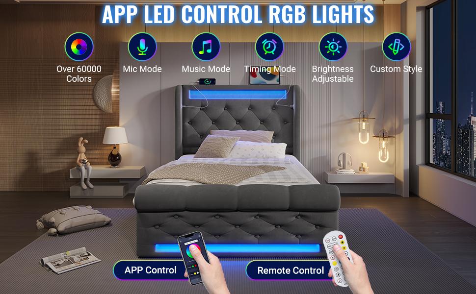 Upholstered Bed Single 90x200cm, with LED Lights, Storage Headboard with USB and Type-C Ports, Hydraulic Storage, Gray, Velvet (Without Mattress)