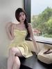 Elegant Off-Shoulder Pleated A-Line Skirt Women's Summer Spaghetti Strap Dress with Waist-Cinched Slim Fit