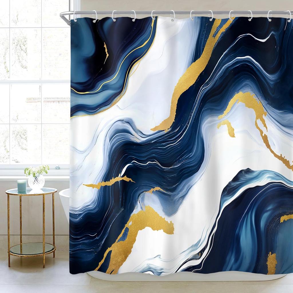 Marmor Duschvorhang Petrolblau Gold Ombre Abstrakt Floral Blume Luxus Modern Tintenstruktur Minimalistisches Badezimmerset Elegant Mädchen